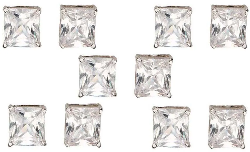 18k White Gold Plated 1/2Ct Square Cut White Sapphire Set Of Five Stud Earrings