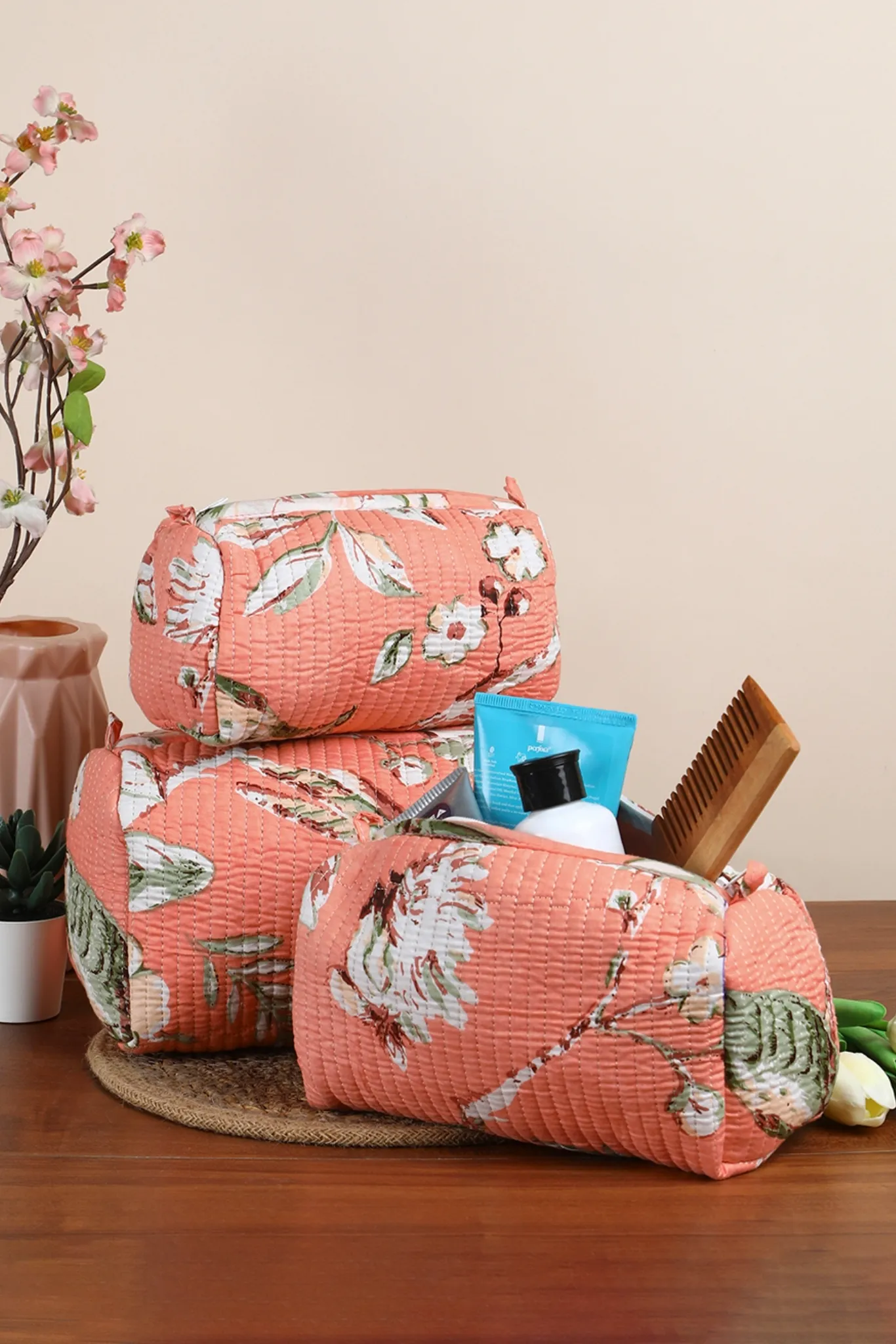 Blush Quilted Pouches (Set of 3)