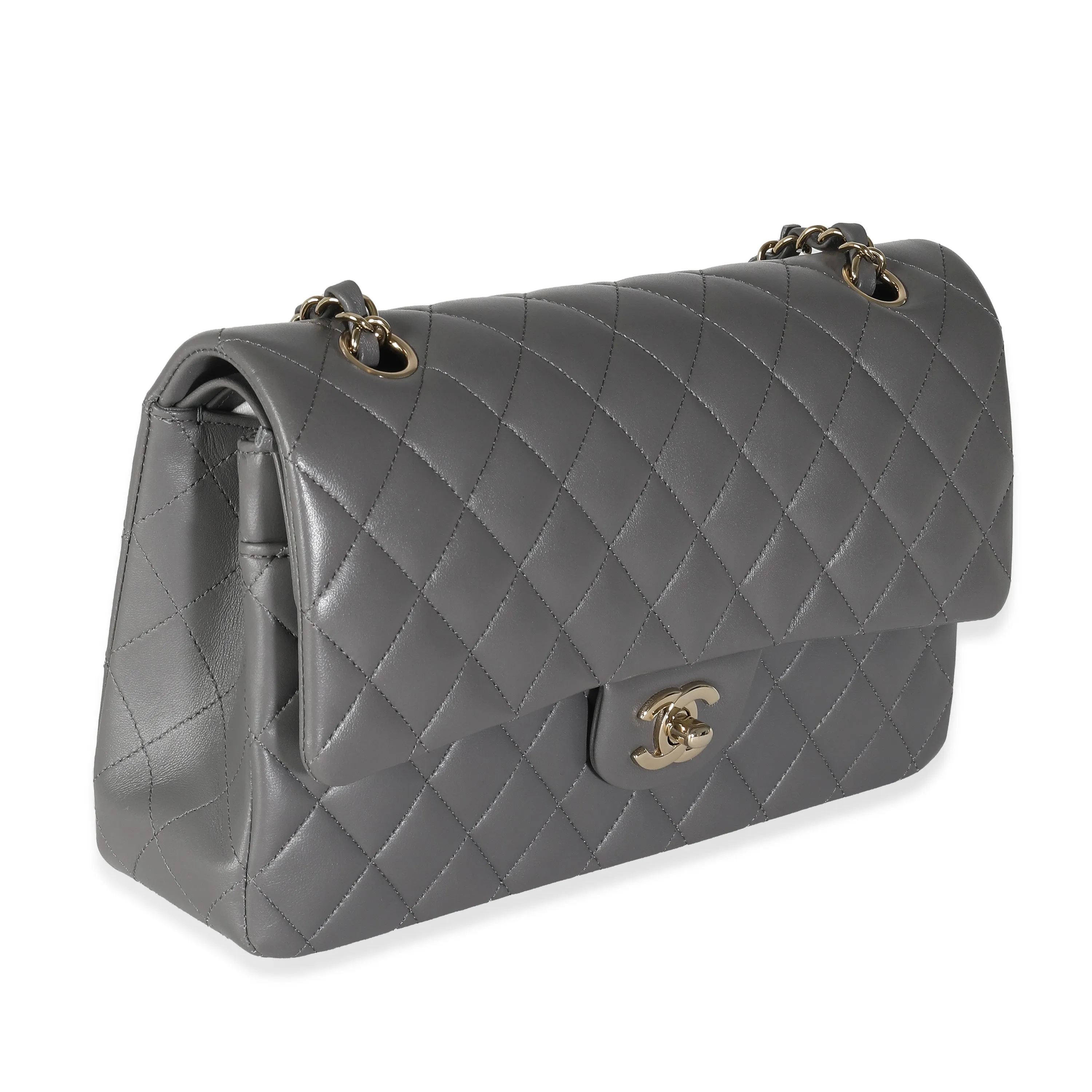 CHANEL 22A Grey Quilted Lambskin Medium Classic Double Flap Bag