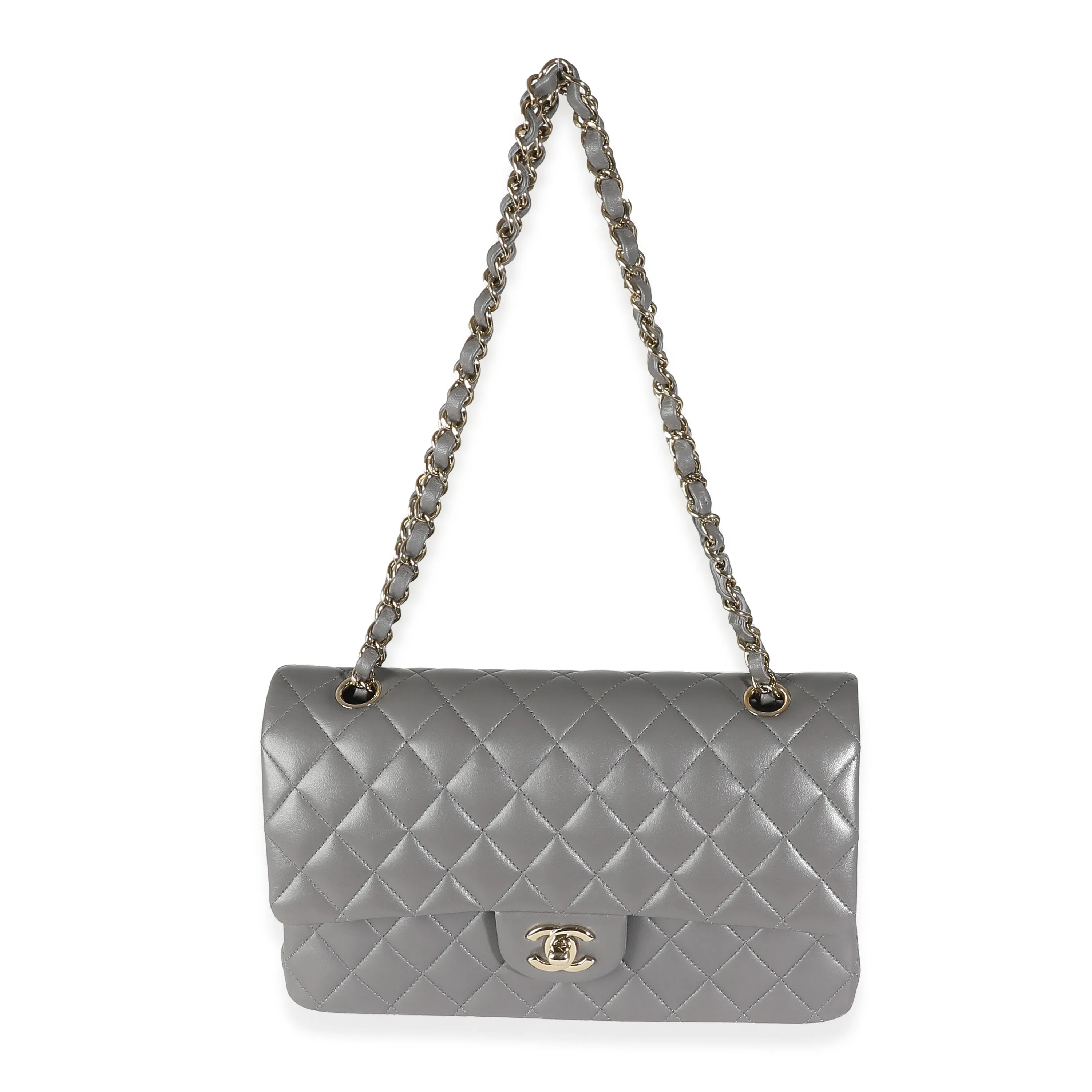 CHANEL 22A Grey Quilted Lambskin Medium Classic Double Flap Bag