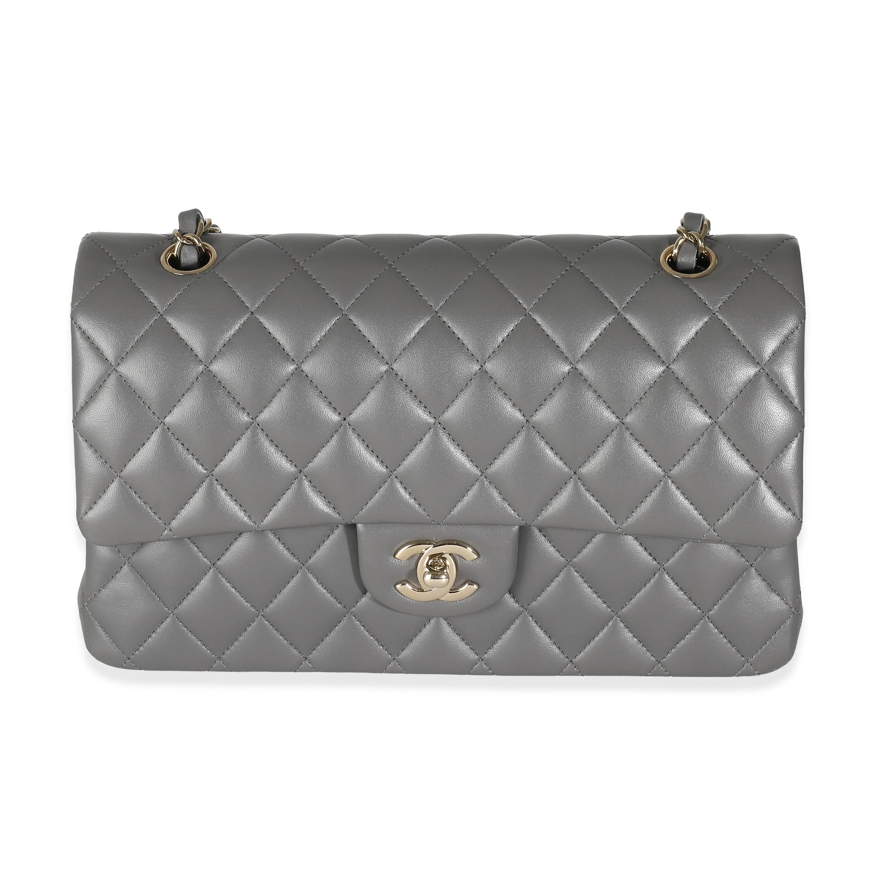 CHANEL 22A Grey Quilted Lambskin Medium Classic Double Flap Bag