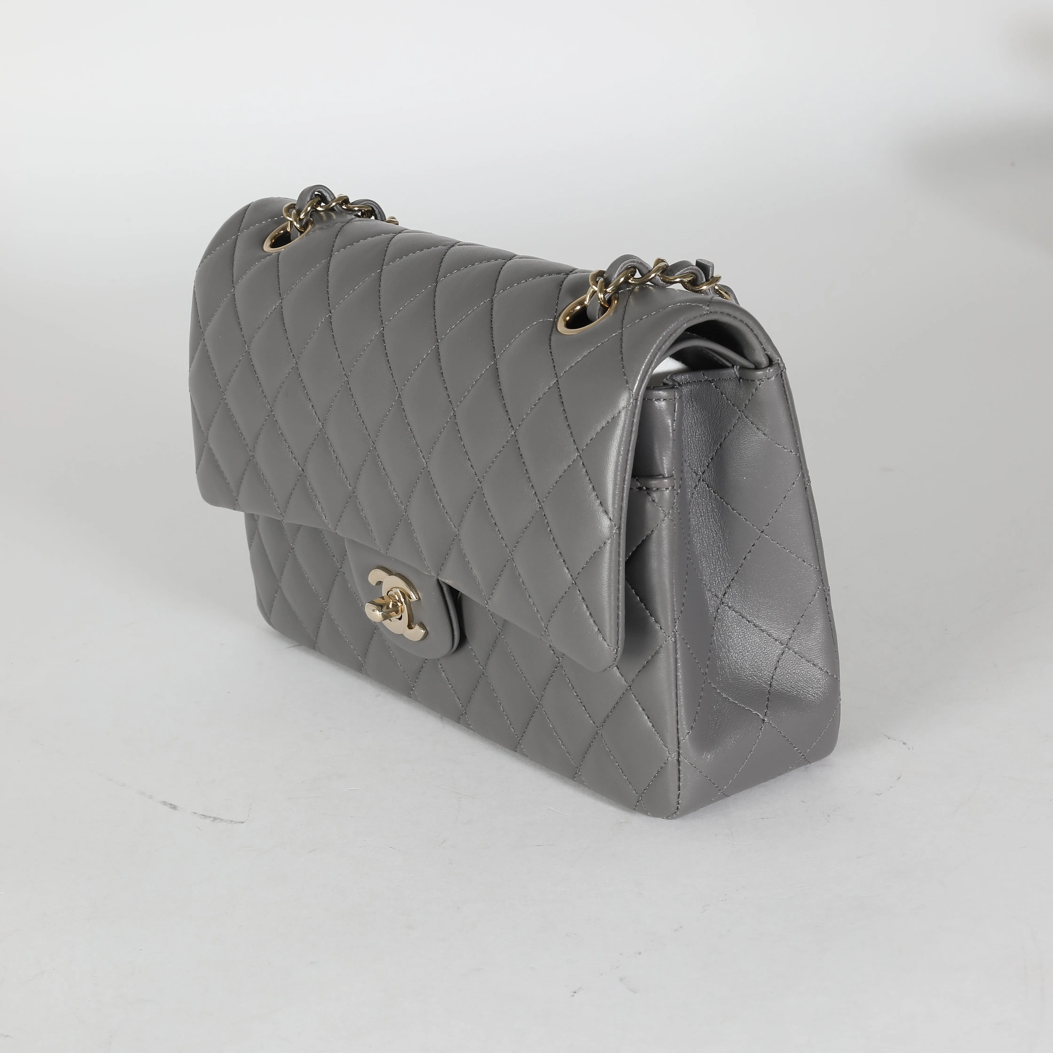 CHANEL 22A Grey Quilted Lambskin Medium Classic Double Flap Bag