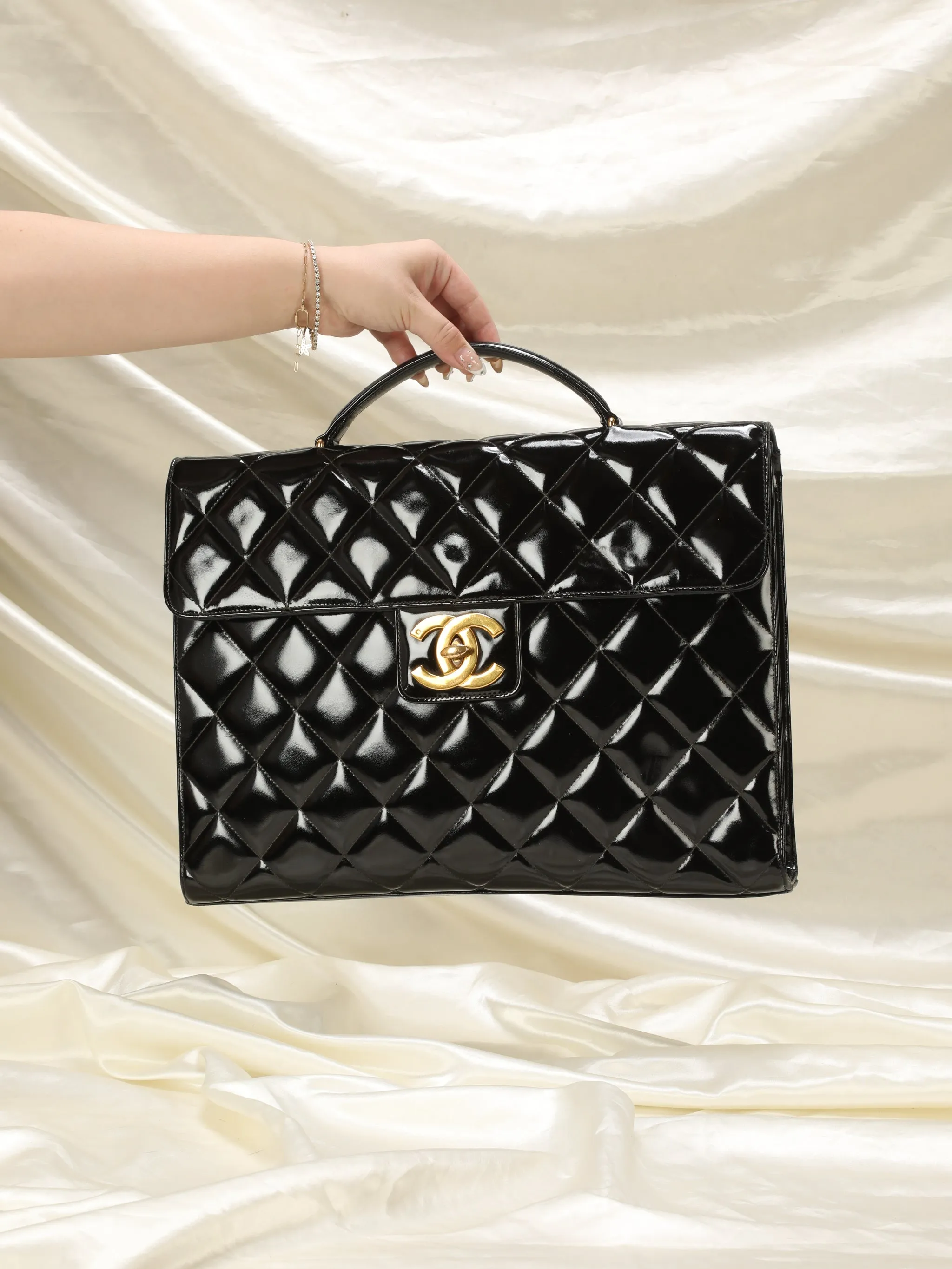 Chanel XL Logo Quilted Patent Top Handle