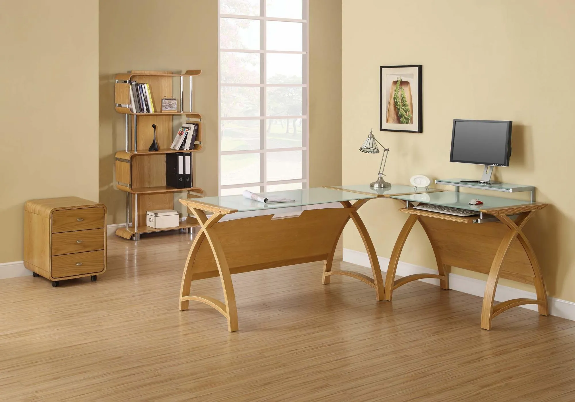Corner Glass Office Desk Walnut & Black PC201-CNR
