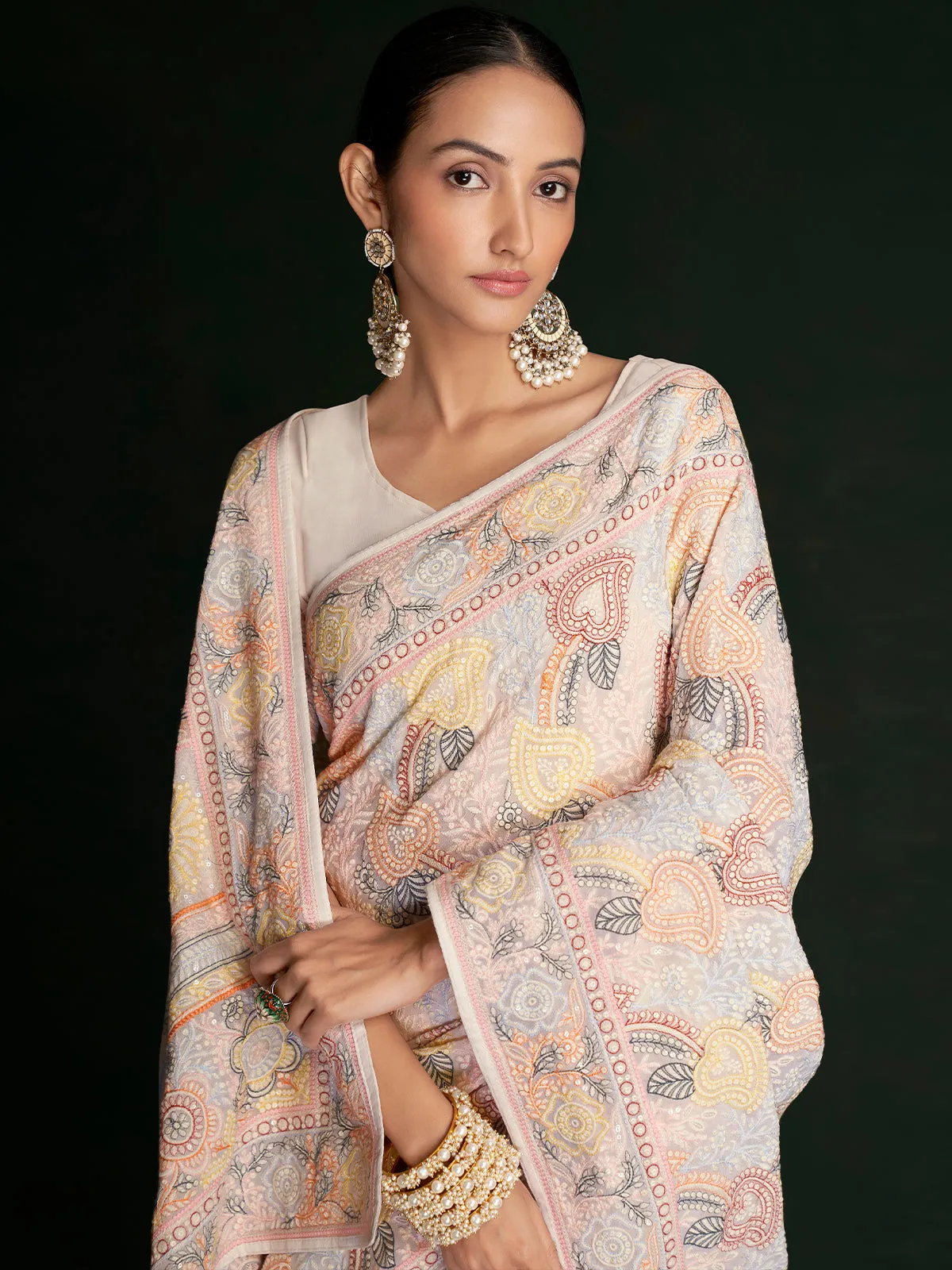 Designer Multicolor Georgette Embroidered Saree With Unstitched Blouse
