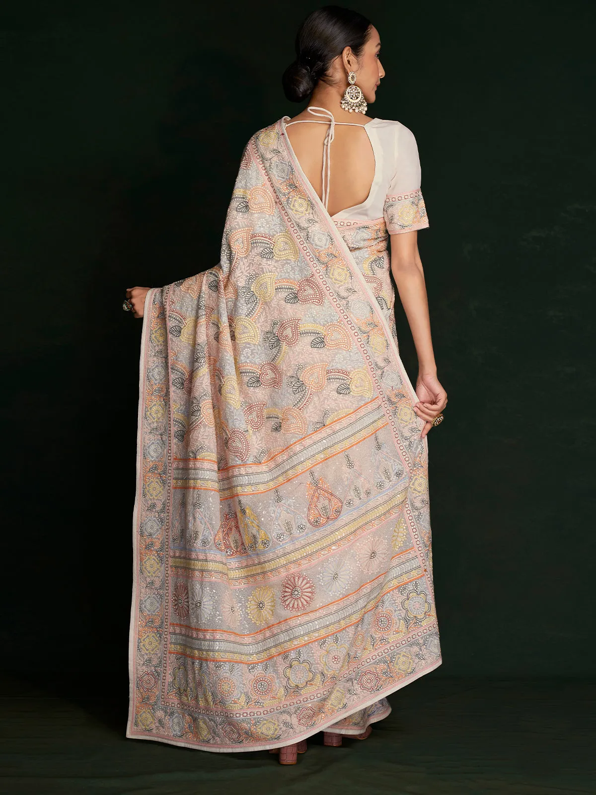 Designer Multicolor Georgette Embroidered Saree With Unstitched Blouse