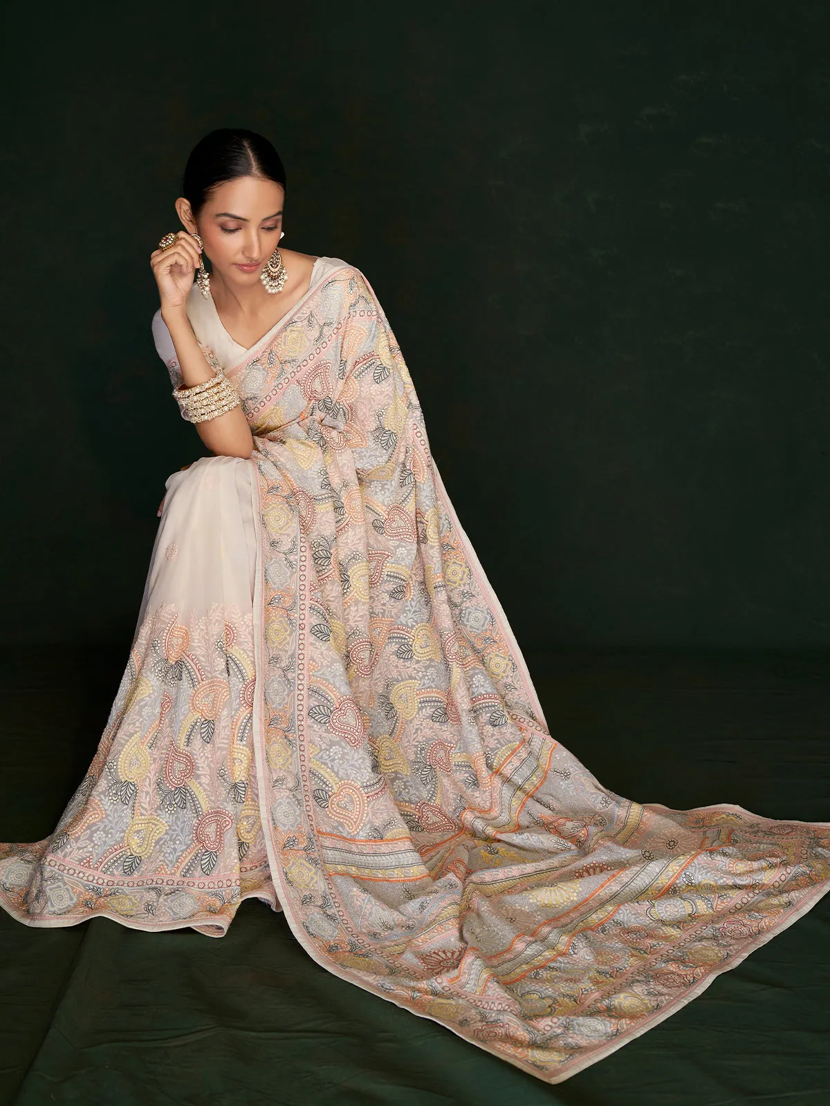 Designer Multicolor Georgette Embroidered Saree With Unstitched Blouse