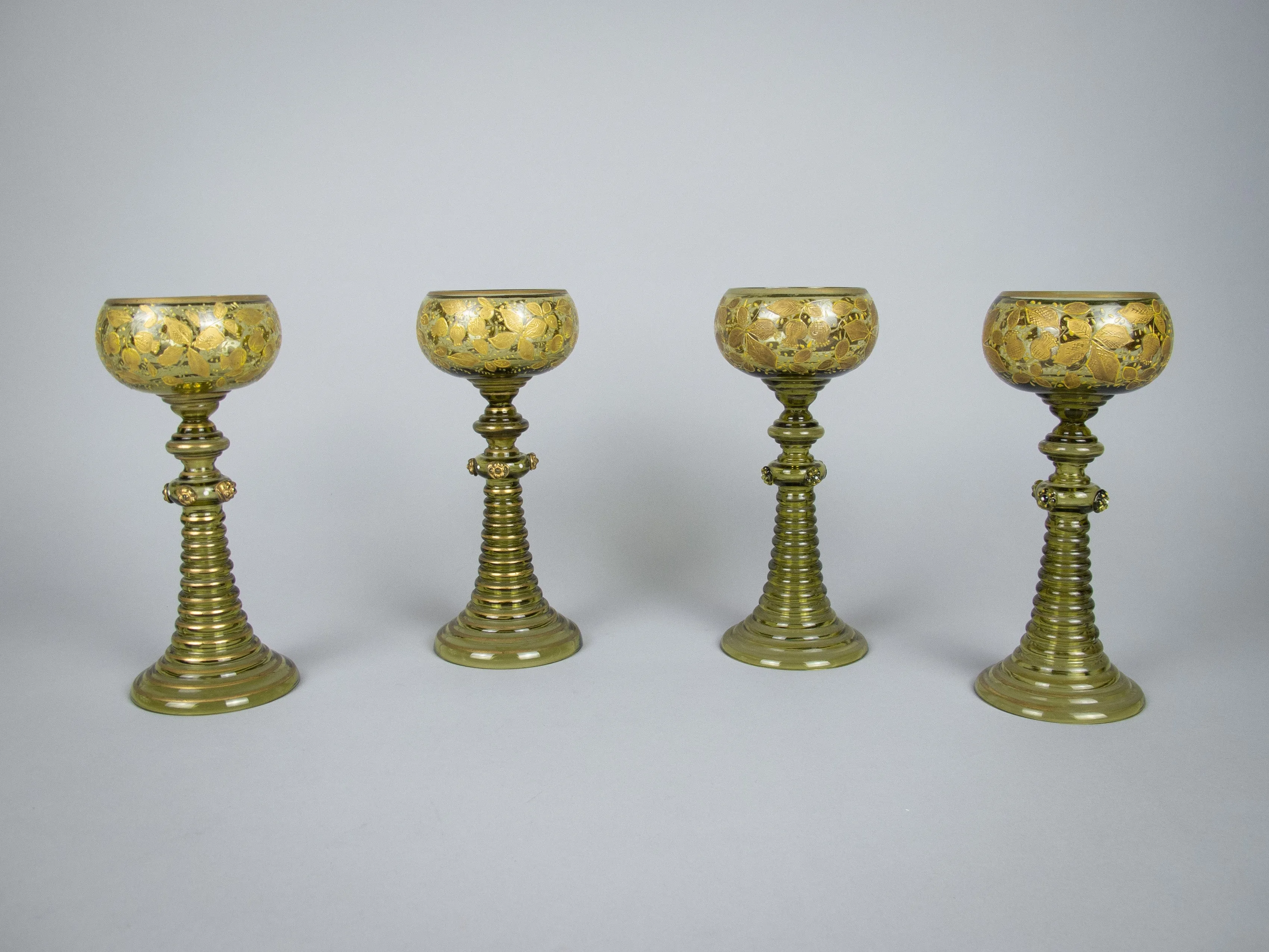Four Bohemian Moser Green & Gilt Roemer Wine Glasses, c.1900