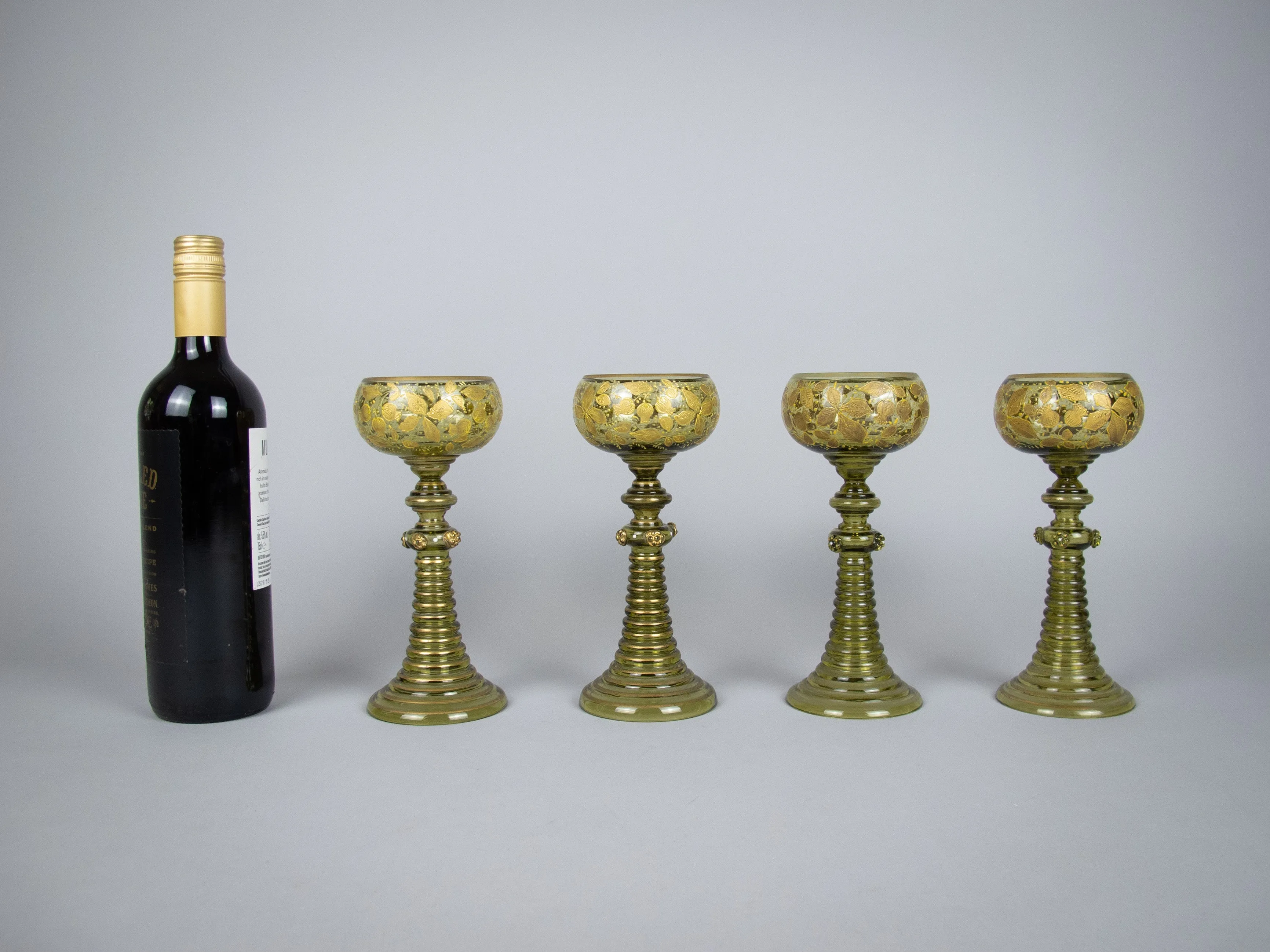 Four Bohemian Moser Green & Gilt Roemer Wine Glasses, c.1900