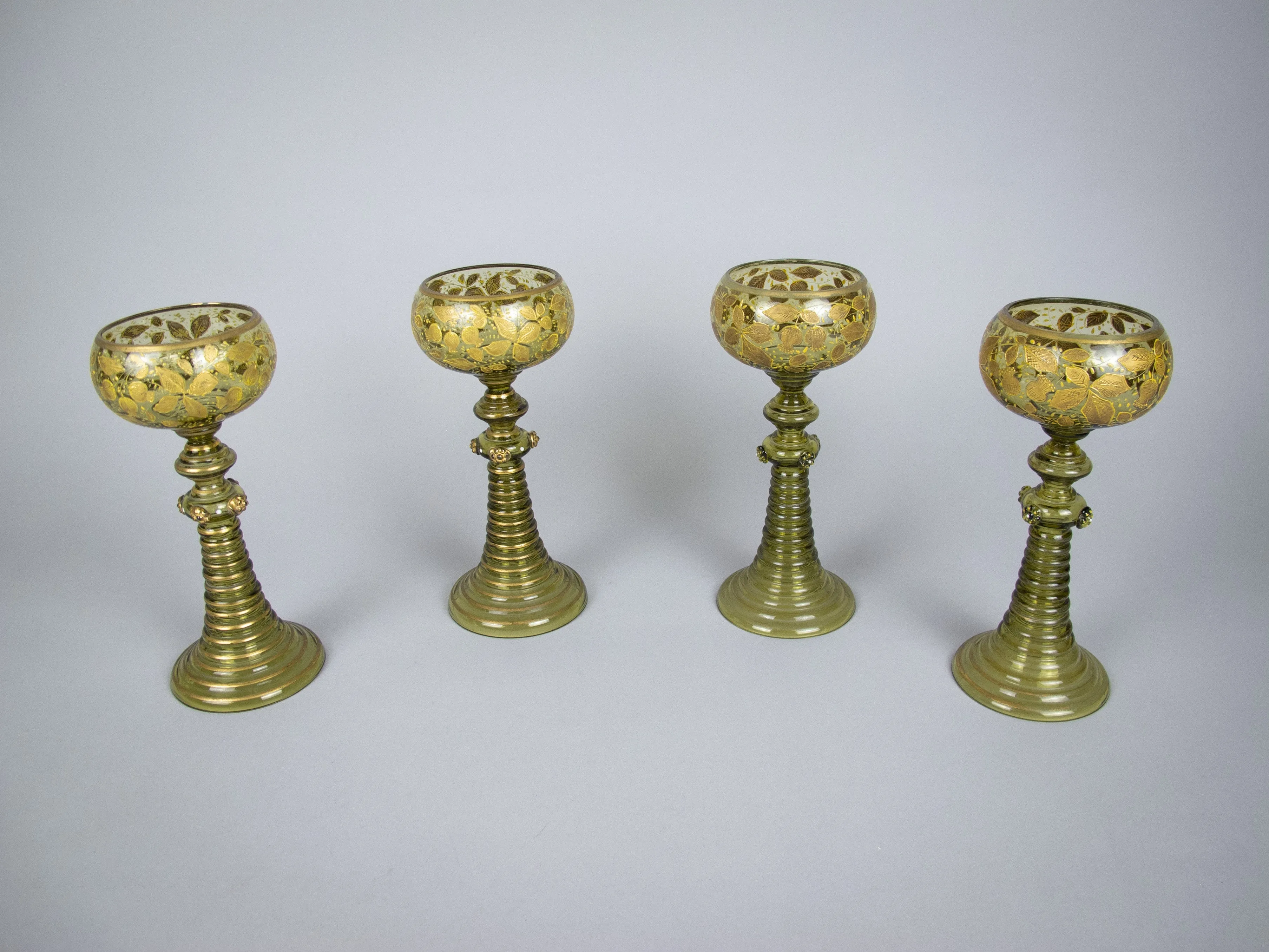 Four Bohemian Moser Green & Gilt Roemer Wine Glasses, c.1900