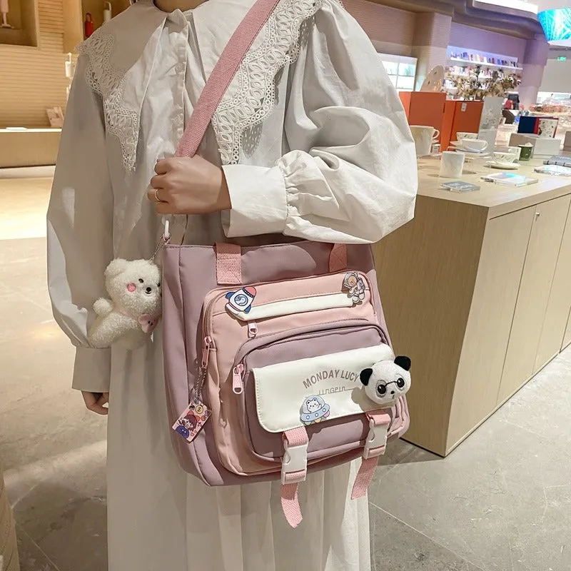 Kawaii Colorblock Canvas Shoulder Bags W/ Keychain
