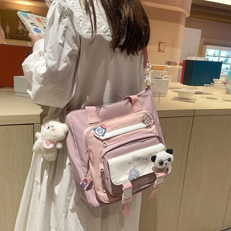 Kawaii Colorblock Canvas Shoulder Bags W/ Keychain