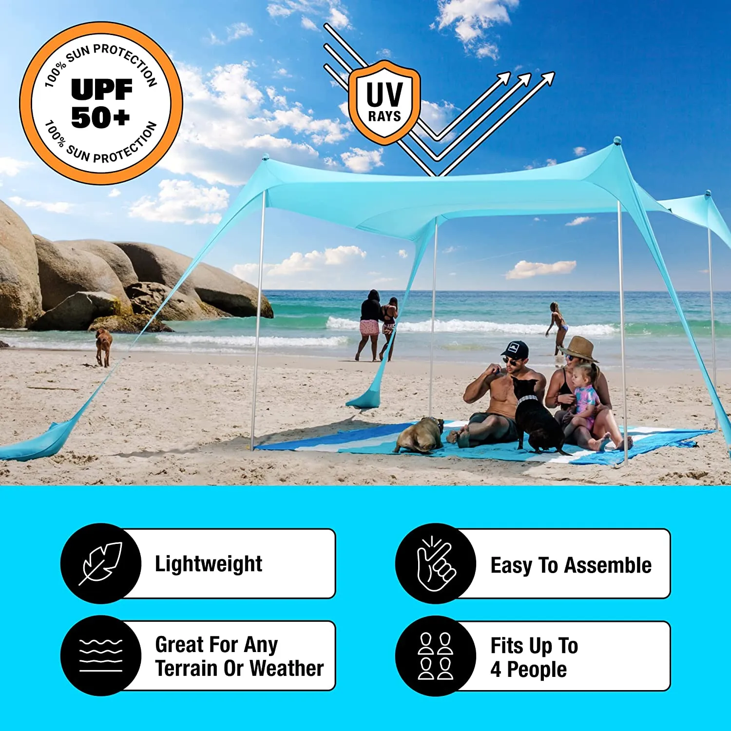 SUN NINJA Beach Tent, UPF50  Beach Shade Canopy, Pop Up Sun Shelter with Sand Shovel, Ground Pegs and Stability Poles, Outdoor Shade for Camping Trips, Fishing, Backyard Fun or Picnics