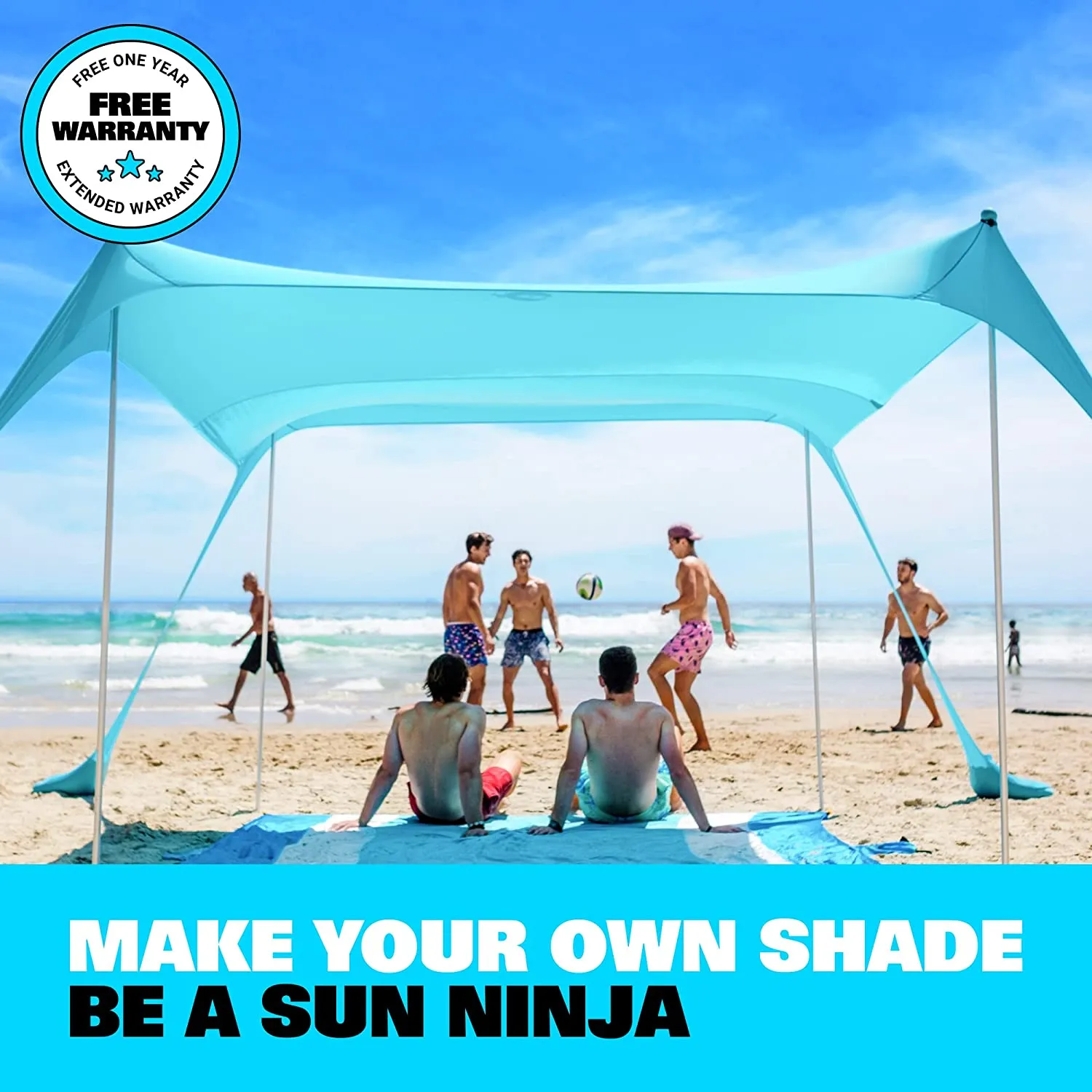 SUN NINJA Beach Tent, UPF50  Beach Shade Canopy, Pop Up Sun Shelter with Sand Shovel, Ground Pegs and Stability Poles, Outdoor Shade for Camping Trips, Fishing, Backyard Fun or Picnics