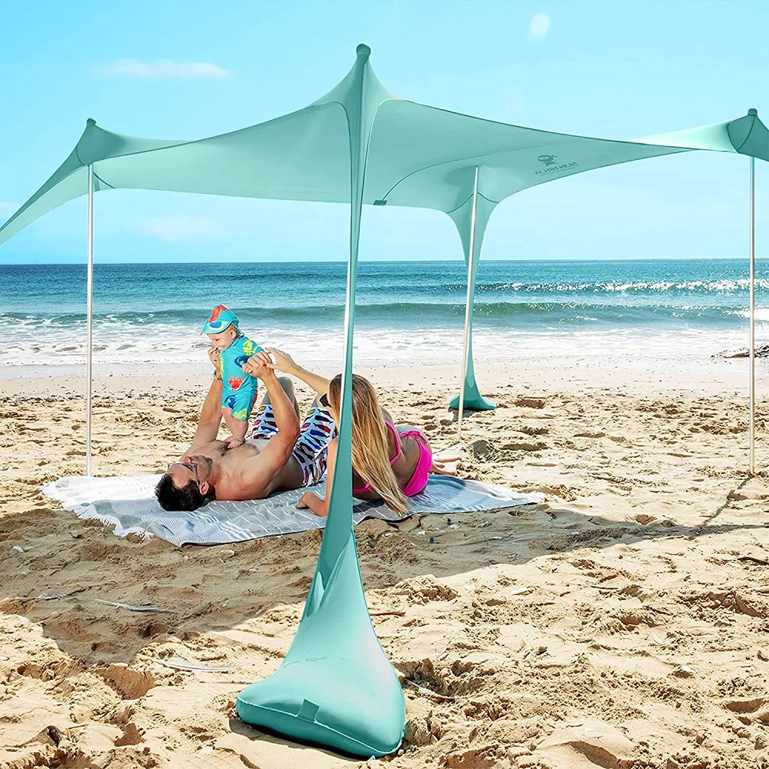 SUN NINJA Beach Tent, UPF50  Beach Shade Canopy, Pop Up Sun Shelter with Sand Shovel, Ground Pegs and Stability Poles, Outdoor Shade for Camping Trips, Fishing, Backyard Fun or Picnics