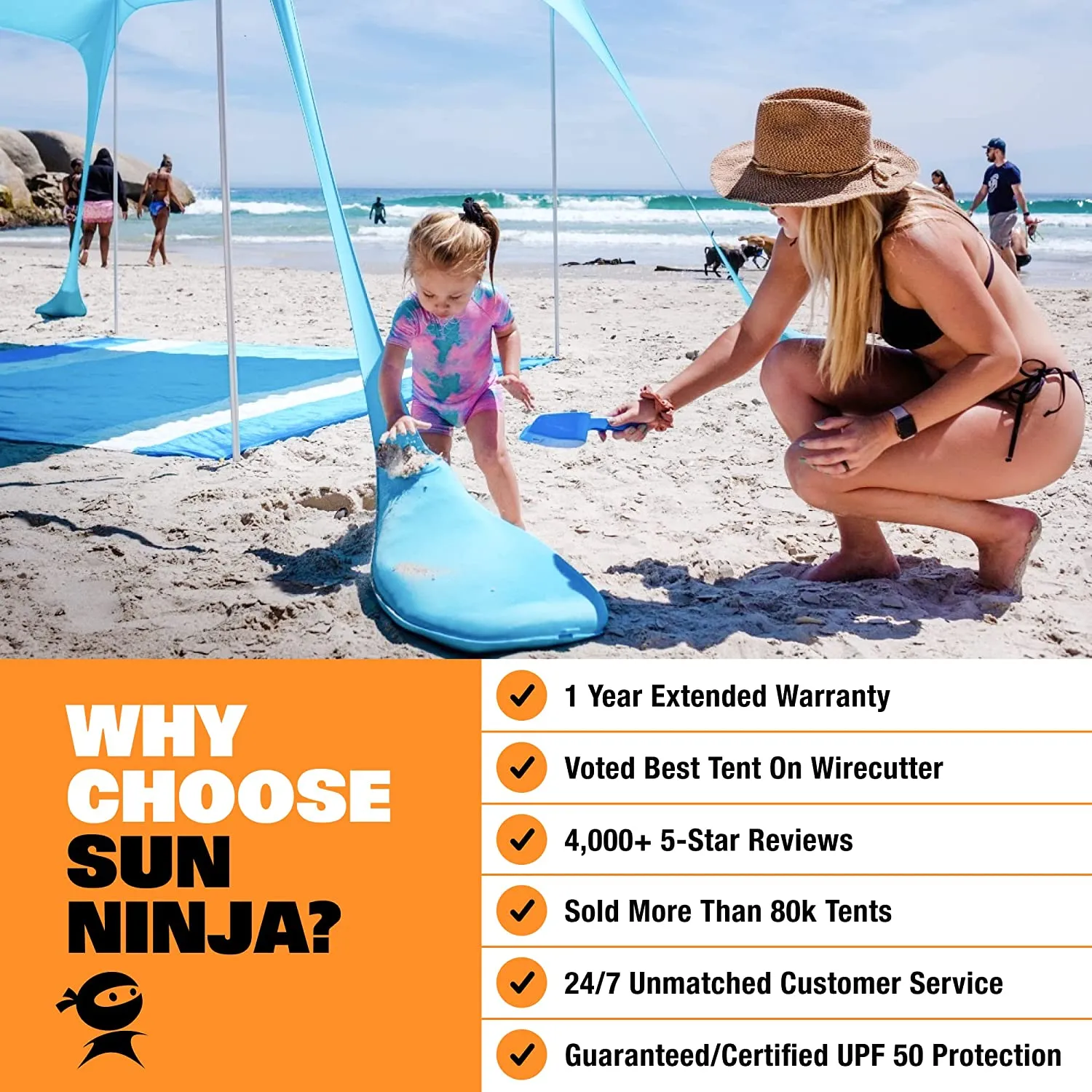 SUN NINJA Beach Tent, UPF50  Beach Shade Canopy, Pop Up Sun Shelter with Sand Shovel, Ground Pegs and Stability Poles, Outdoor Shade for Camping Trips, Fishing, Backyard Fun or Picnics