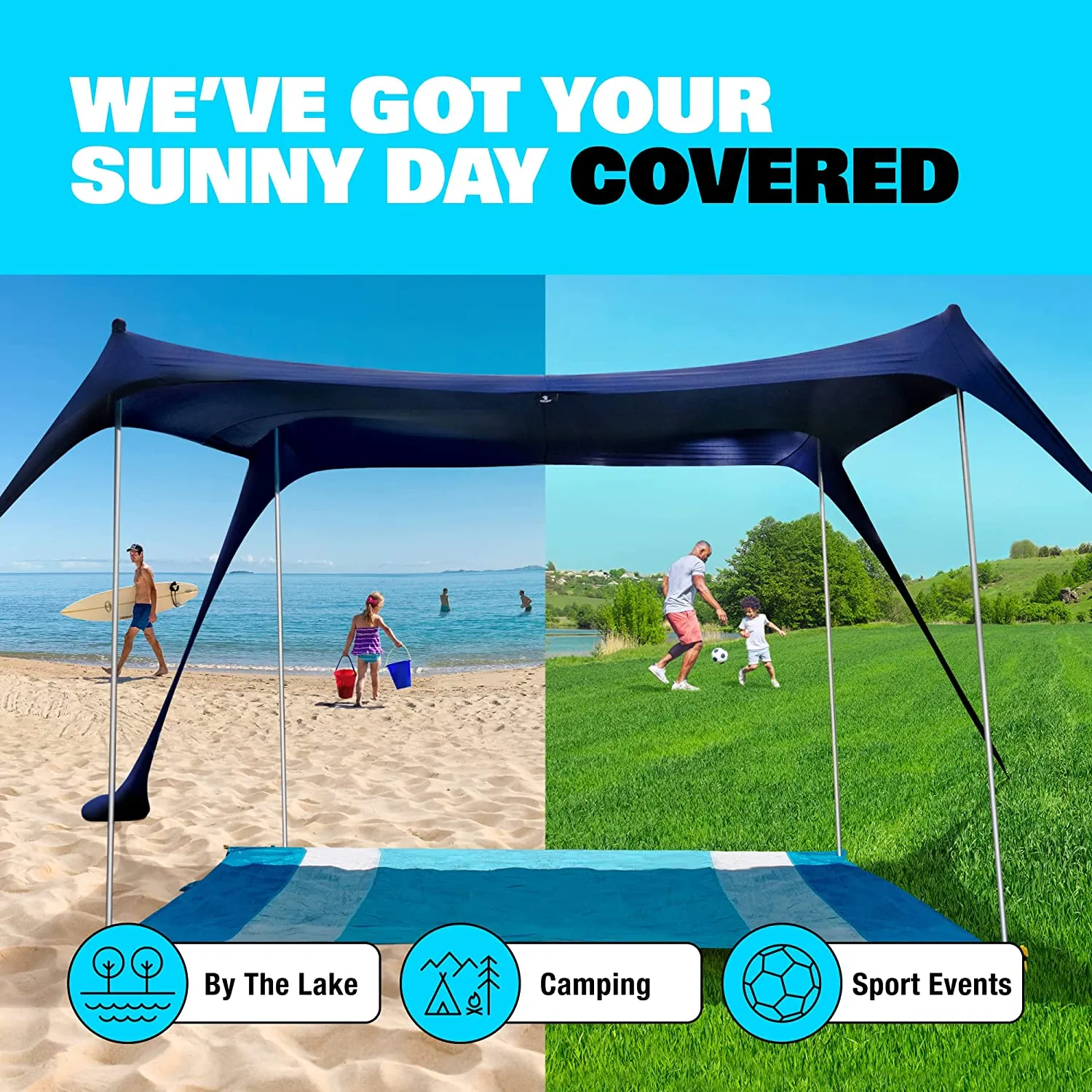 SUN NINJA Beach Tent, UPF50  Beach Shade Canopy, Pop Up Sun Shelter with Sand Shovel, Ground Pegs and Stability Poles, Outdoor Shade for Camping Trips, Fishing, Backyard Fun or Picnics