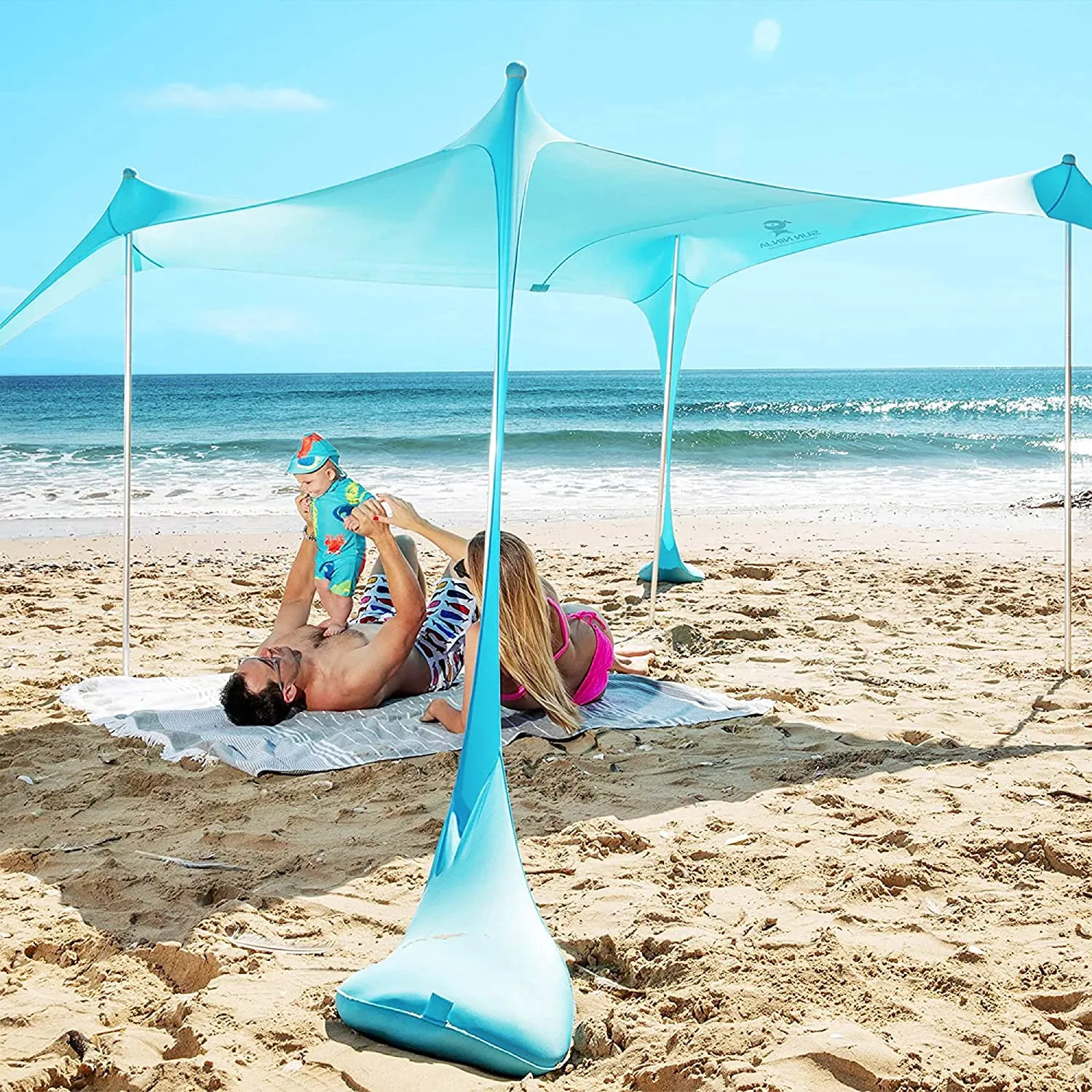 SUN NINJA Beach Tent, UPF50  Beach Shade Canopy, Pop Up Sun Shelter with Sand Shovel, Ground Pegs and Stability Poles, Outdoor Shade for Camping Trips, Fishing, Backyard Fun or Picnics