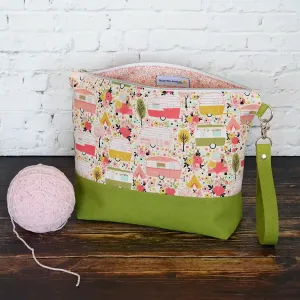 Vintage Camper  Project Bag with Zipper and Removable Strap