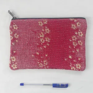 Vintage Kantha Pouch, Cosmetic Bag - Burgundy Floral